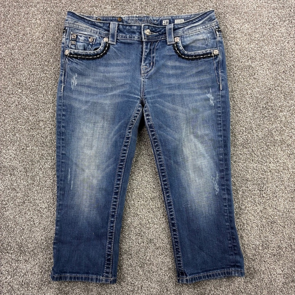 Miss Me Jeans Women's 28 Blue Mid Rise Cropped Denim Embroidered Straight Leg
